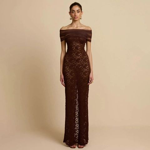 Damen Elegant Spitze Schulterfrei Maxi Kleid Sexy Transparent Patchwork Schlanke Passform Hüftbetont Party Langes Kleid