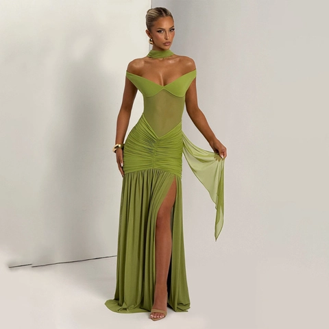 Abito Maxi da Donna Sexy Spalle Scoperte Increspato Patchwork in Rete Schiena Scoperta Spacco Alto Bodycon per Festa Serata Vacanza