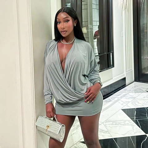 Women Sexy Deep V Neck Long Sleeve Bodycon Mini Dress Solid Color Ruched Waist Cinching Polyester Spandex Party Club Dress