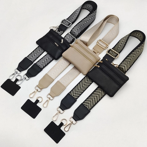 Wide Adjustable Polyester Bag Strap Set With Mini Pouch Ethnic Geometric Jacquard Shoulder Strap For Handbags Phone Lanyard