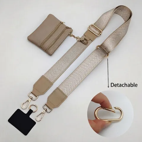 Wide Adjustable Polyester Bag Strap Set With Mini Pouch Ethnic Geometric Jacquard Shoulder Strap For Handbags Phone Lanyard