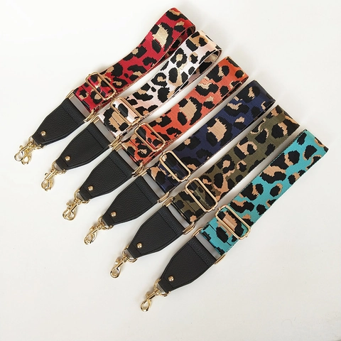 Leopard Print Wide Bag Strap For Women Adjustable Replacement Shoulder Strap With Leather Ends And Gold Metal Buckles