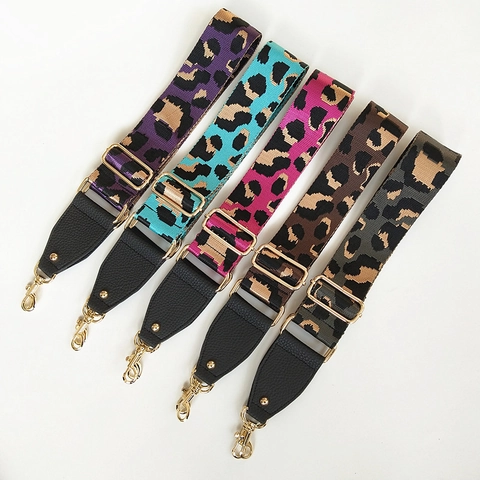 Leopard Print Wide Bag Strap For Women Adjustable Replacement Shoulder Strap With Leather Ends And Gold Metal Buckles