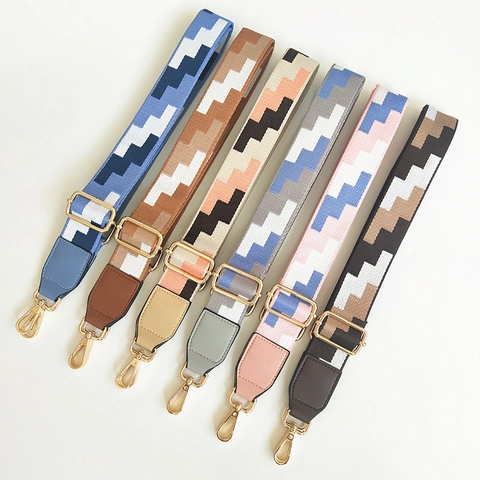 Adjustable Wide Woven Bag Strap With Geometric Patterns Gold Metal Hooks Durable Polyester Shoulder Strap Replacement For Women Bags