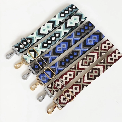 Adjustable Ethnic Geometric Jacquard Wide Bag Strap For Women Polyester Woven Replacement Shoulder Crossbody Belt With Metal Hooks