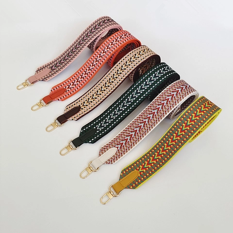 Woven Shoulder Bag Strap Replacement Geometric Pattern Wide Canvas Style Purse Strap With Leather Ends For Women Handbag Accessories