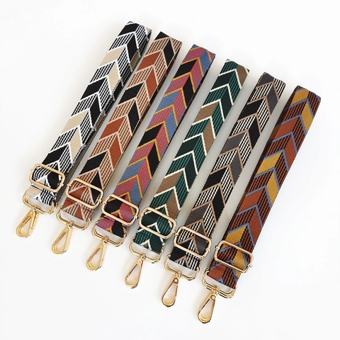 Adjustable Wide Bag Strap Replacement Shoulder Crossbody Strap Geometric Woven Polyester Strap With Gold Silver Hooks For Women Purses
