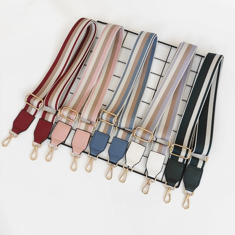 Adjustable Wide Bag Strap Replacement Striped Pattern Polyester Crossbody Shoulder Strap With Synthetic Leather End Metal Hook