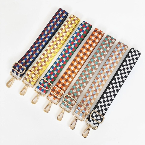 Brede Verstelbare Schoudertas Riem Schaakbord Patroon Geweven Vervangende Crossbody Riem Met Goud Zilver Metalen Haken Vrouwen