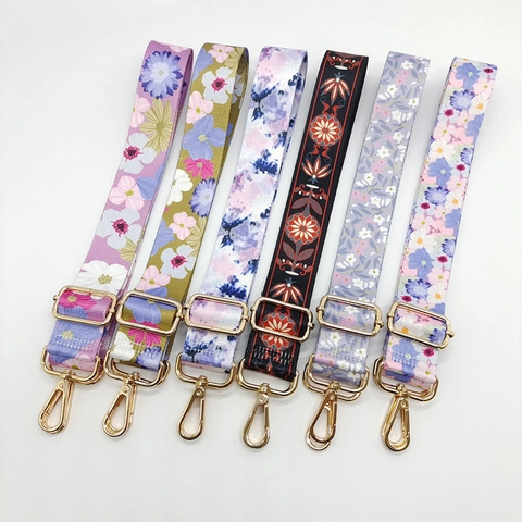 Adjustable Wide Replacement Shoulder Strap For Handbags Floral Printed Polyester Webbing Strap With Metal Swivel Hooks
