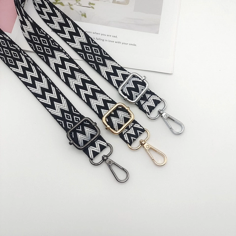 Tracolla Regolabile per Borsa con Ricamo Geometrico Sostituzione Tracolla in Poliestere con Terminali in Pelle e Fibbie in Metallo per Borsa Donna
