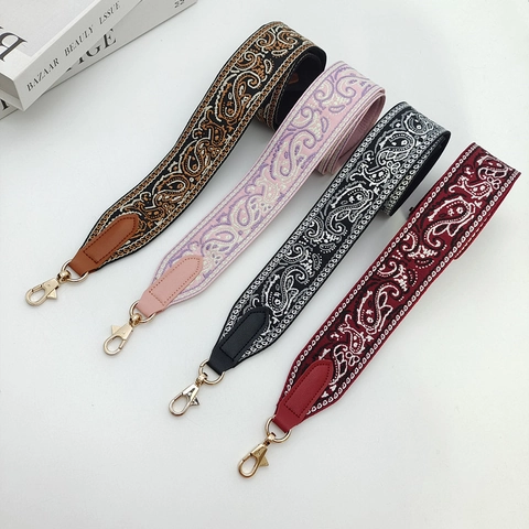 Tracolla Larga in Poliestere con Ricamo Paisley Stile Etnico Bohemien per Borse da Donna con Estremità in Ecopelle
