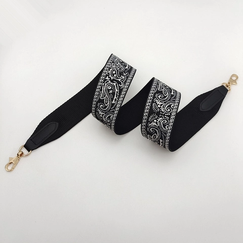 Bohemian Ethnic Paisley Embroidery Wide Bag Strap Polyester Webbing Shoulder Strap With Faux Leather Ends For Handbags