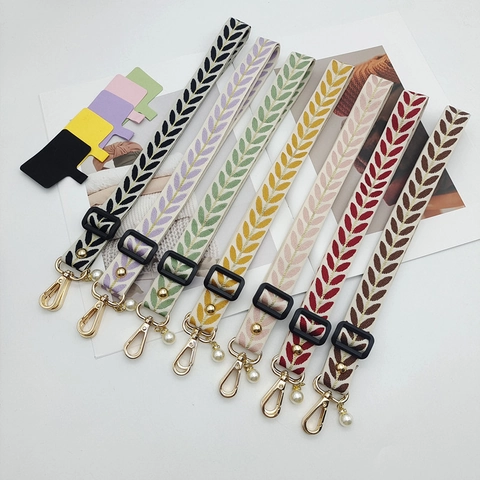 Cordón para Teléfono Tejido Ajustable Universal Correa de Bolso Con Cierre de Oro de Aleación Perla Artificial Patrón de Hoja