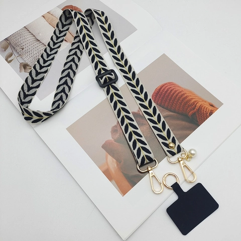 Cordón para Teléfono Tejido Ajustable Universal Correa de Bolso Con Cierre de Oro de Aleación Perla Artificial Patrón de Hoja