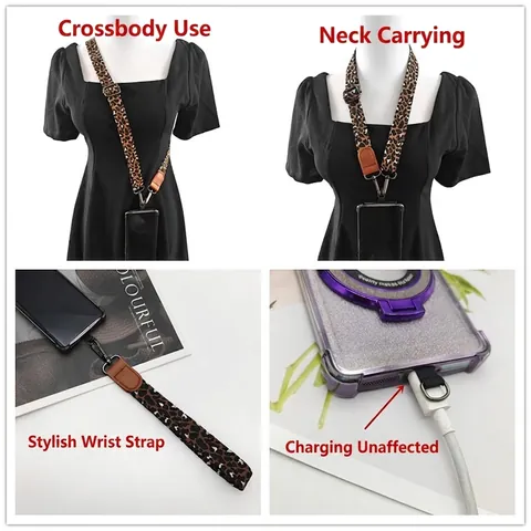 Leopardenmuster Handy-Lanyard-Set Geflochtener Umhängegurt Handgelenkschlaufen Mit Metallhaken Universal Handyhülle Patch Für Damen Herren