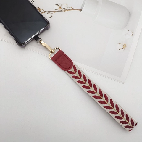 Braided Nylon Phone Lanyard Wrist Strap With Leaf Pattern Gold Metal Clasp And Tether Tab For Women Keychains Decorative Anti-Lost Cord