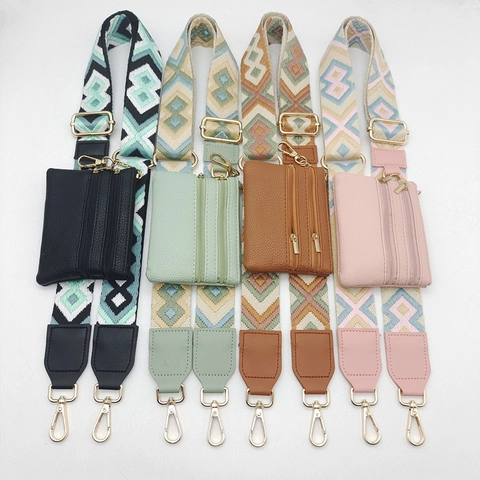 Adjustable Wide Shoulder Bag Strap With Coin Purse Pouch Universal Phone Lanyard Crossbody Braided Bohemian Geometric Strap For Women