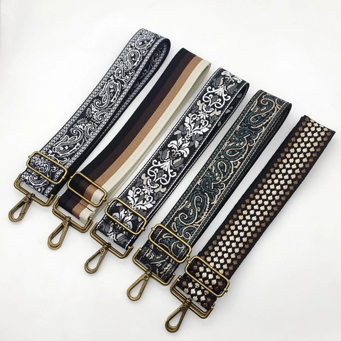 Ethnic Style Jacquard Wide Shoulder Strap Adjustable Replacement Bag Strap For Crossbody Bags Women Accessories Antique Metal Hook