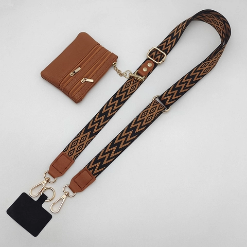 Adjustable Geometric Jacquard Phone Lanyard Strap With Detachable Mini Pouch Crossbody Cell Phone Purse Belt For Women Travel