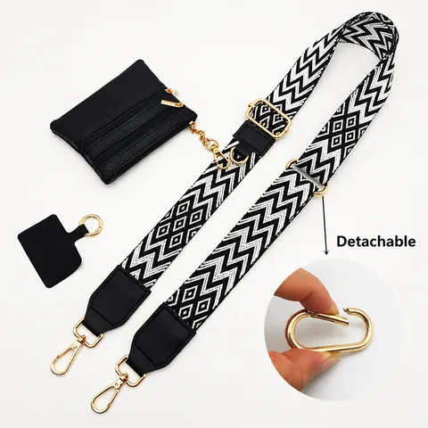 Wide Adjustable Shoulder Bag Strap With Detachable Pouch Phone Card Geometric Woven Polyester Replacement Strap For Crossbody Bag