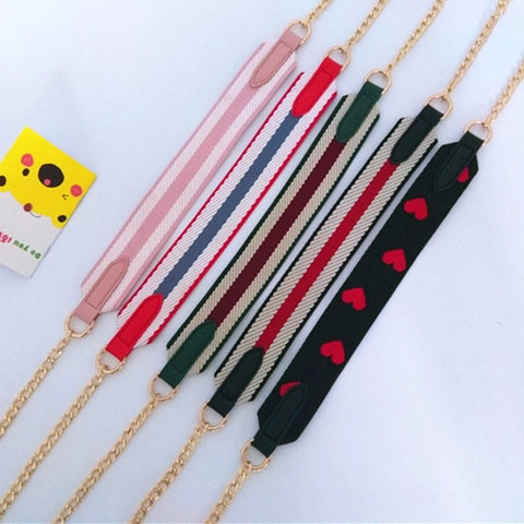 Replacement Bag Strap With Metal Chain For Women Polyester Striped Heart Embroidery Crossbody Shoulder Bag Strap DIY Accessories