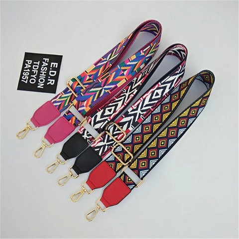 Adjustable Wide Bag Strap Polyester Cotton Ethnic Floral Pattern Replacement Shoulder Crossbody Strap Gold Metal Buckle
