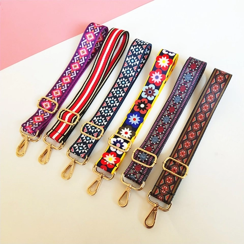 Verstelbare Brede Tashandvat In Etnische Stijl Voor Dames Crossbody Handtas Vervangende Schouderriem Met Gouden Gesp Geometrisch Bloemenpatroon