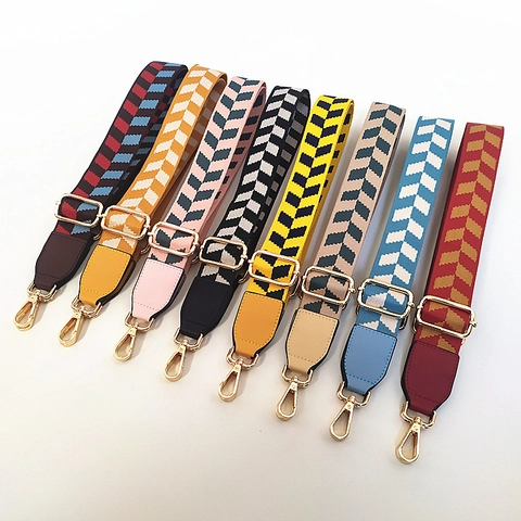 Women Adjustable Wide Shoulder Bag Strap Colorful Geometric Pattern Jacquard Weaving Crossbody Strap With Gold Metal Buckles Polyester Purse Belt