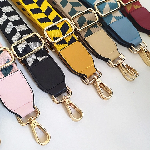 Women Adjustable Wide Shoulder Bag Strap Colorful Geometric Pattern Jacquard Weaving Crossbody Strap With Gold Metal Buckles Polyester Purse Belt