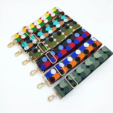 Women Vintage Polyester Polka Dot Print Wide Bag Strap Adjustable Shoulder Crossbody Replacement Strap With Gold Buckle