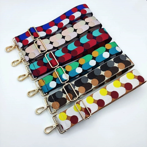 Women Vintage Polyester Polka Dot Print Wide Bag Strap Adjustable Shoulder Crossbody Replacement Strap With Gold Buckle