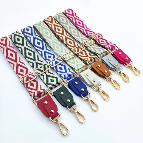 Adjustable Woven Bag Strap Geometric Diamond Jacquard Pattern Shoulder Crossbody Replacement Belt With PU Leather Ends