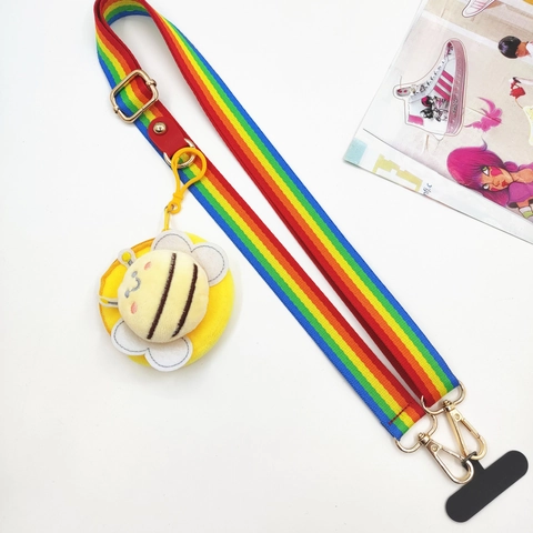 Rainbow Crossbody Phone Lanyard Strap With Cartoon Mini Pouch And Patch Woven Multi-Functional Mobile Phone Shoulder Strap