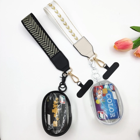 Portable Woven Wrist Strap Phone Lanyard With Transparent PVC Mini Card Pouch Coin Storage Bag Multi-Functional Wristlet Strap Bag
