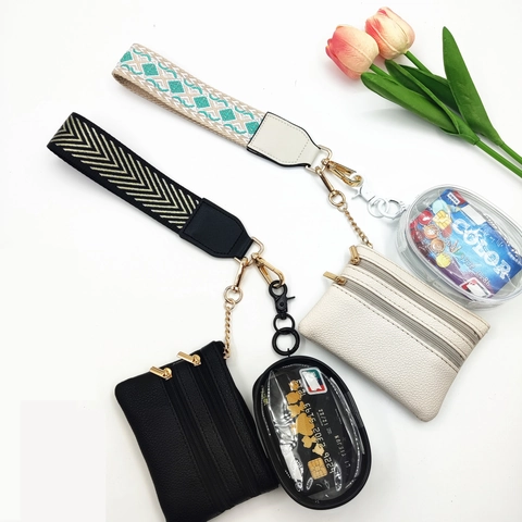 Juego de Bolsas de Muñeca Multifuncionales para Mujer Con Bolsa de Cuero PU Porta Tarjetas de PVC Transparente y Correa Tejida