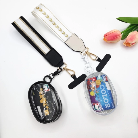 Portable Woven Wrist Strap Phone Lanyard With Transparent PVC Mini Card Pouch Coin Storage Bag Multi-Functional Wristlet Strap Bag
