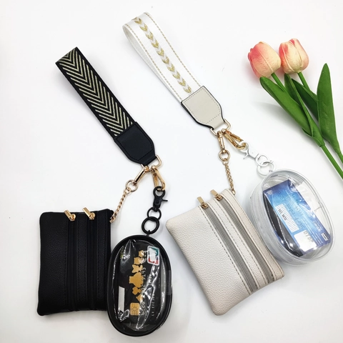 Juego de Bolsas de Muñeca Multifuncionales para Mujer Con Bolsa de Cuero PU Porta Tarjetas de PVC Transparente y Correa Tejida