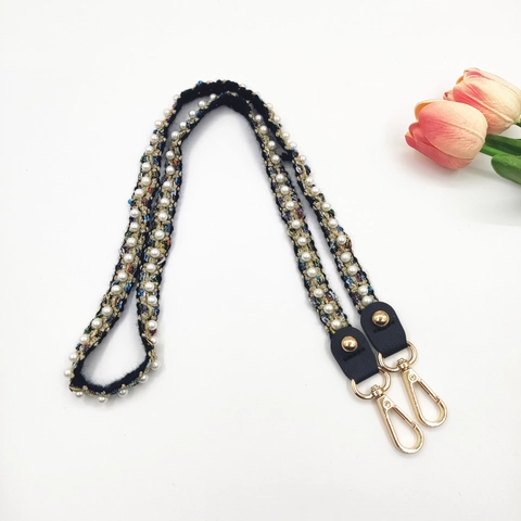Polyester Woven Replacement Bag Strap With Artificial Pearl Decoration Fashion Elegant Crossbody Belt For Women Phone Lanyard