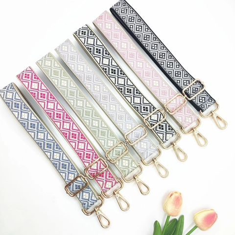 Adjustable Wide Replacement Bag Strap For Women Ethnic Geometric Pattern Polyester Crossbody Shoulder Belt With Metal Clasp