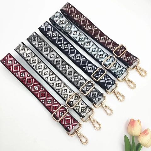 Adjustable Wide Replacement Bag Strap For Women Ethnic Geometric Pattern Polyester Crossbody Shoulder Belt With Metal Clasp