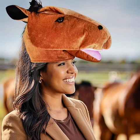 Funny Realistic Brown Horse Head Mask Plush Animal Headwear Spoof Performance Props Cosplay Party Costume Hat For Adults Women Men