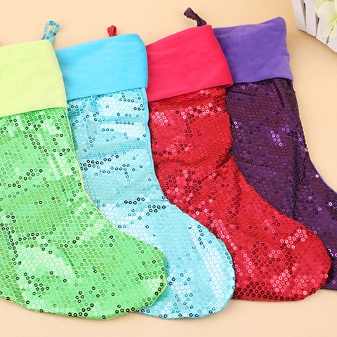 Glitter Sequin Christmas Stocking Xmas Sock Hanging Ornament Gift Bag For Holiday Party Home Indoor Festive Decoration