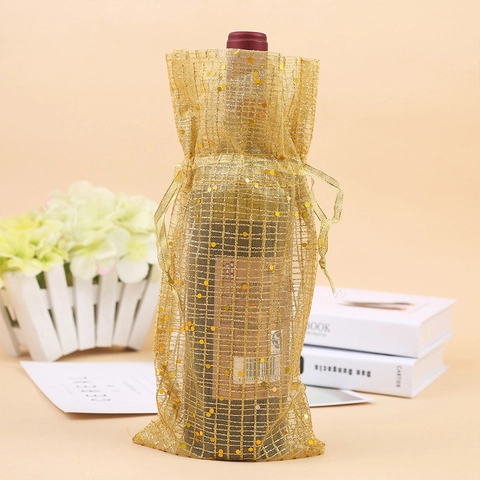 Housse de Bouteille de Vin en Maille à Paillettes Dorées Décoration de Noël Sac Cadeau à Cordon Organza pour Table de Fête