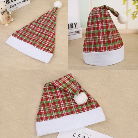 Cappello di Natale Plaid Rosso Verde Con Bordo Pompon Bianco Tessuto Morbido Velluto Decorazione Festa Vacanza Cappello Costume