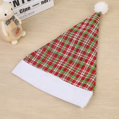 Cappello di Natale Plaid Rosso Verde Con Bordo Pompon Bianco Tessuto Morbido Velluto Decorazione Festa Vacanza Cappello Costume