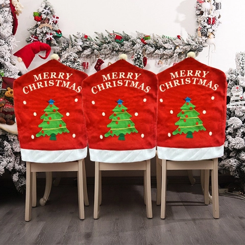 Housse de Dossier de Chaise de Noël en Tissu Non Tissé Rouge Motif Sapin Merry Christmas Pour Décoration de Maison