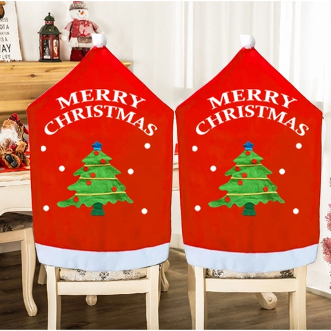 Housse de Dossier de Chaise de Noël en Tissu Non Tissé Rouge Motif Sapin Merry Christmas Pour Décoration de Maison