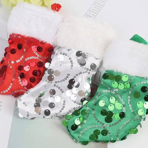 Chaussette de Noël en Peluche à Paillettes Décoration Scintillante Sac à Bonbons Arbre de Noël Pendentif Décor Festif