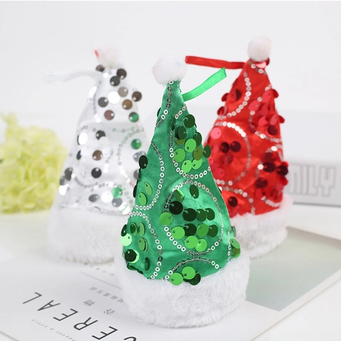 Mini Pailletten Weihnachts Hut Anhänger Plüsch Rand Dekorative Hängende Hüte Für Weihnachtsbaum Schmuck Party Deko Rot Grün Grau